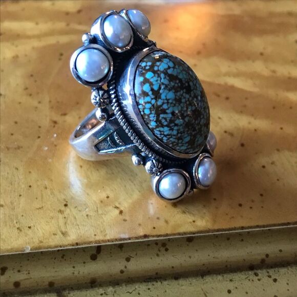 Royston Blue Horizon Turquoise White Pearl Cocktail Ring Size 6 - Picture 10 of 10